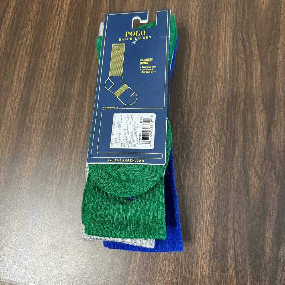 Polo Ralph Lauren 3 Pairs‎ Classic Sport Socks Green Blue Gray Shoe Size 12-17